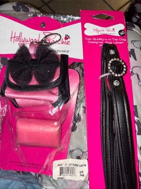 Pink Satin Pick-It-Up Purse & Black Designer Leash Set